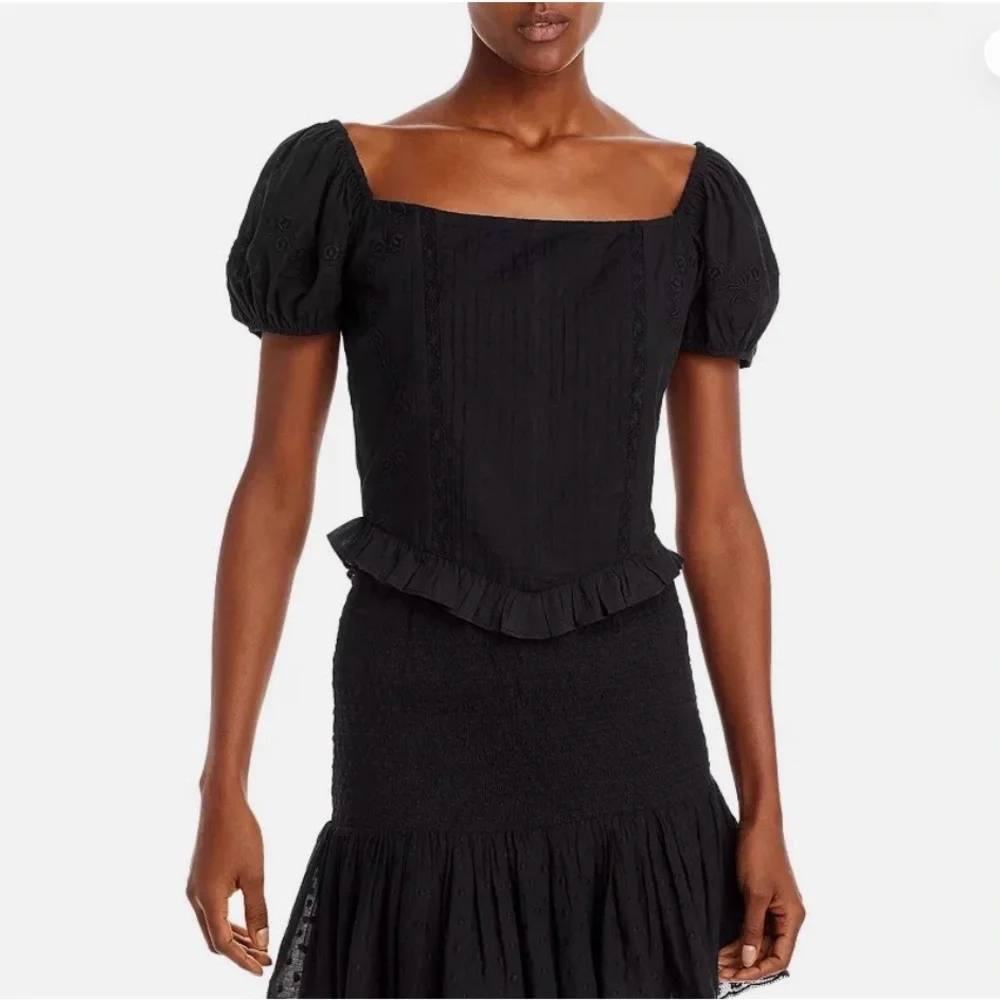 LoveShackFancy Black Puff Sleeve Square Neck Blouse